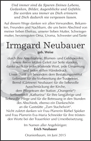 Traueranzeige von Irmgard Neubauer von WVG - Wochenspiegel Wittenberg