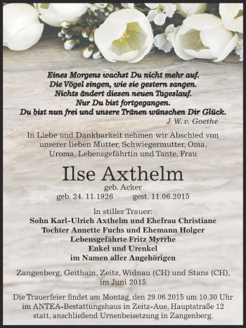 Traueranzeige von Ilse Axthelm von Super Sonntag Zeitz