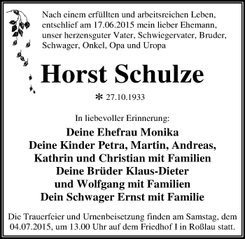 Traueranzeige von Horst Schulze von Mitteldeutsche Zeitung Dessau-Roßlau