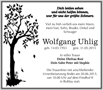 Traueranzeige von Wolfgang Uhlig von Mitteldeutsche Zeitung Dessau-Roßlau