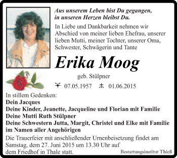 Traueranzeige von Erika Moog von Super Sonntag Quedlinburg