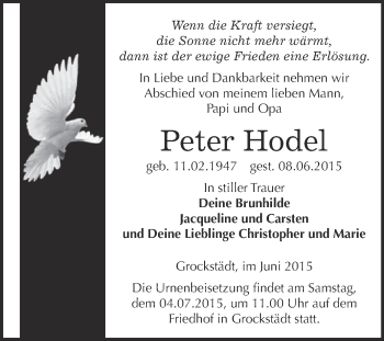 Traueranzeige von Peter Hodel von WVG - Wochenspiegel Merseburg