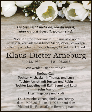 Traueranzeige von Klaus-Dieter Arneburg von Super Sonntag Bernburg