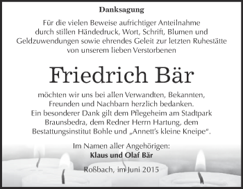 Traueranzeige von Friedrich Bär von Super Sonntag Merseburg