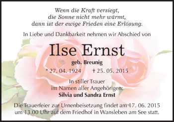 Traueranzeige von Ilse Ernst von Mitteldeutsche Zeitung Mansfelder Land