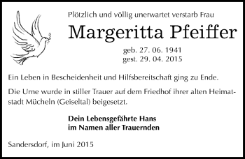 Traueranzeige von Margeritta Pfeiffer von Mitteldeutsche Zeitung Bitterfeld