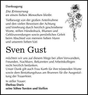 Traueranzeige von Sven Gust von Mitteldeutsche Zeitung Mansfelder Land