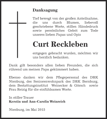 Traueranzeige von Curt Reckleben von Super Sonntag Bernburg