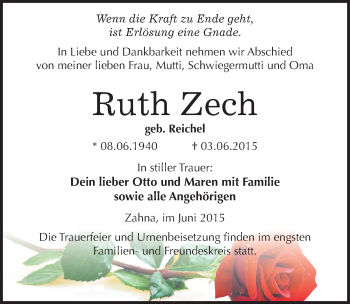 Traueranzeige von Ruth Zech von Mitteldeutsche Zeitung Wittenberg