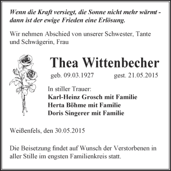 Traueranzeige von Thea Wittenbecher von WVG - Wochenspiegel NMB / WSF / ZTZ