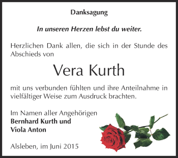 Traueranzeige von Vera Kurth von Super Sonntag Bernburg