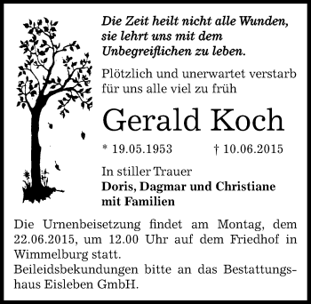 Traueranzeige von Gerald Koch von Mitteldeutsche Zeitung Mansfelder Land