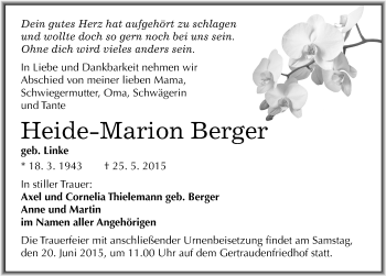 Traueranzeige von Heide-Marion Berger von Mitteldeutsche Zeitung Halle/Saalkreis