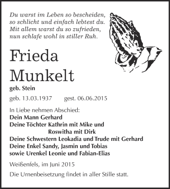 Traueranzeige von Frieda Munkelt von WVG - Wochenspiegel NMB / WSF / ZTZ