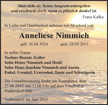 Traueranzeige von Anneliese Nimmich von Mitteldeutsche Zeitung Wittenberg