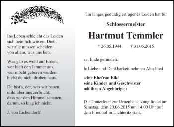 Traueranzeige von Hartmut Temmler von WVG - Wochenspiegel NMB / WSF / ZTZ