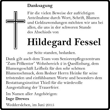 Traueranzeige von Hildegard Fessel von Super Sonntag Quedlinburg