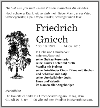 Traueranzeige von Friedrich Gniech von Mitteldeutsche Zeitung Weißenfels