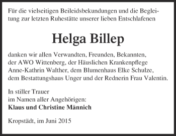 Traueranzeige von Helga Billep von Super Sonntag Wittenberg