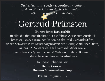 Traueranzeige von Gertrud Prünsten von Super Sonntag Wittenberg