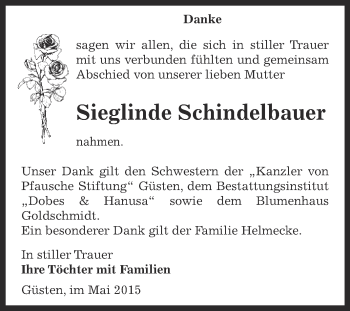 Traueranzeige von Sieglinde Schindelbauer von Super Sonntag Bernburg