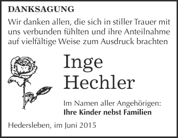 Traueranzeige von Inge Hechler von WVG - Wochenspiegel Quedlinburg