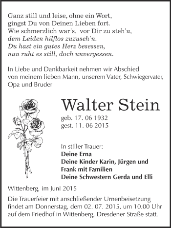 Traueranzeige von Walter Stein von WVG - Wochenspiegel Wittenberg