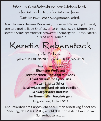 Traueranzeige von Kerstin Rebenstock von Mitteldeutsche Zeitung Sangerhausen