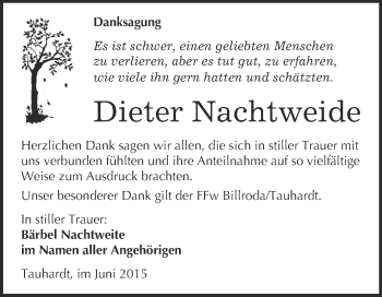 Traueranzeige von Dieter Nachtweide von WVG - Wochenspiegel NMB / WSF / ZTZ