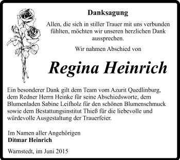 Traueranzeige von Regina Heinrich von Super Sonntag Quedlinburg