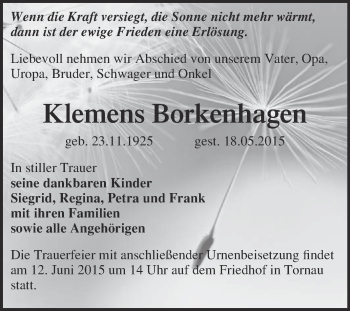 Traueranzeige von Klemens Borkenhagen von Super Sonntag Wittenberg