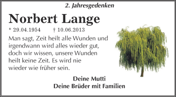 Traueranzeige von Norbert Lange von WVG - Wochenspiegel Dessau / Köthen
