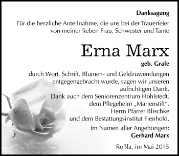 Traueranzeige von Erna Marx von Mitteldeutsche Zeitung Sangerhausen