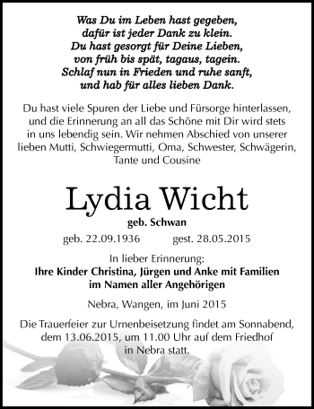 Traueranzeige von Lydia Wicht von Mitteldeutsche Zeitung Naumburg/Nebra
