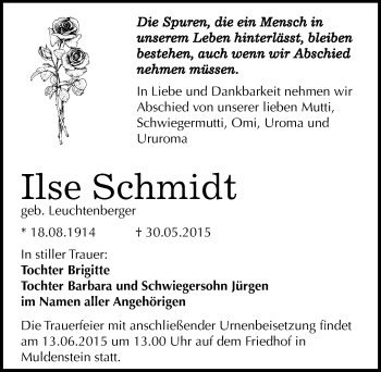 Traueranzeige von Ilse Schmidt von Mitteldeutsche Zeitung Bitterfeld
