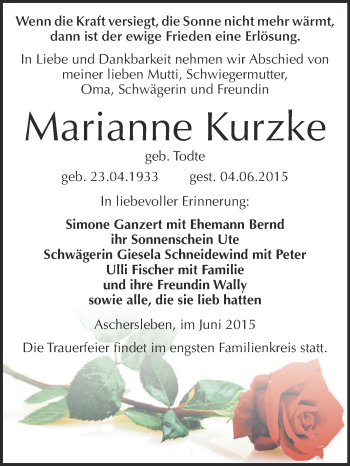 Traueranzeige von Marianne Kurzke von Super Sonntag Aschersleben