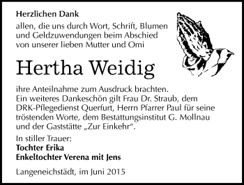 Traueranzeige von Hertha Weidig von Mitteldeutsche Zeitung Merseburg/Querfurt