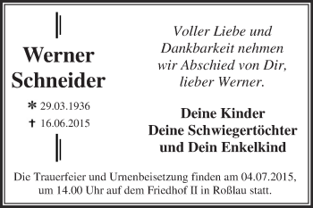 Traueranzeige von Werner Schneider von WVG - Wochenspiegel Dessau / Köthen