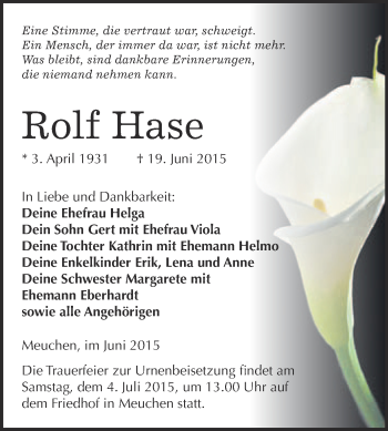 Traueranzeige von Rolf Hase von Super Sonntag Merseburg