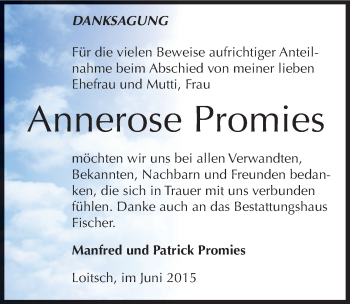 Traueranzeige von Annerose Promies von Mitteldeutsche Zeitung Zeitz