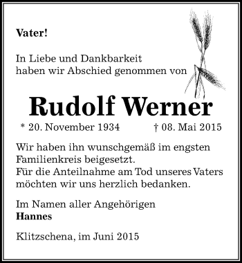 Traueranzeige von Rudolf Werner von Mitteldeutsche Zeitung