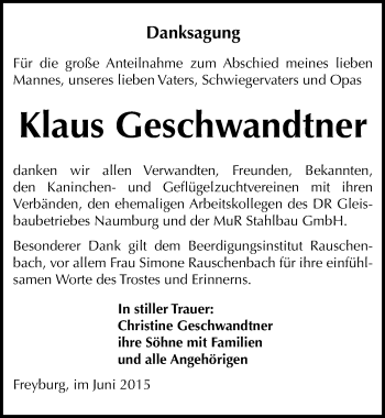 Traueranzeige von Klaus Geschwandtner von Mitteldeutsche Zeitung Naumburg/Nebra