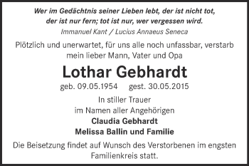 Traueranzeige von Lothar Gebhardt von Super Sonntag Quedlinburg