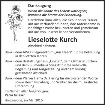 Traueranzeige von Lieselotte Kurch von Super Sonntag Quedlinburg