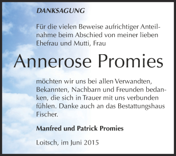 Traueranzeige von Annerose Promies von Super Sonntag Zeitz