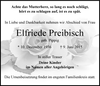 Traueranzeige von Elfriede Preibisch von Mitteldeutsche Zeitung Zeitz