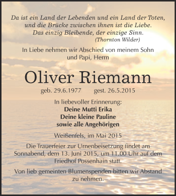 Traueranzeige von Oliver Riemann von Super Sonntag Merseburg