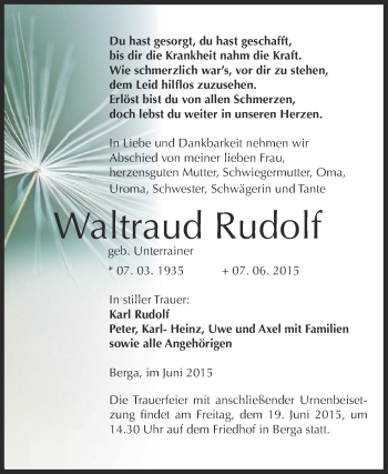 Traueranzeige von Waltraud Rudolf von Super Sonntag SGH Mansf. Land
