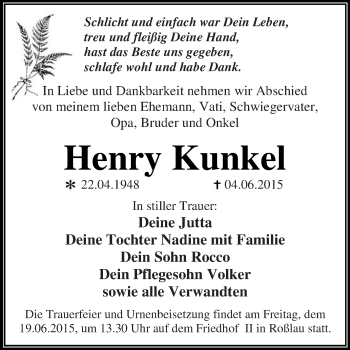 Traueranzeige von Henry Kunkel von WVG - Wochenspiegel Dessau / Köthen