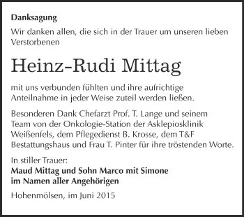 Traueranzeige von Heinz-Rudi Mittag von WVG - Wochenspiegel NMB / WSF / ZTZ